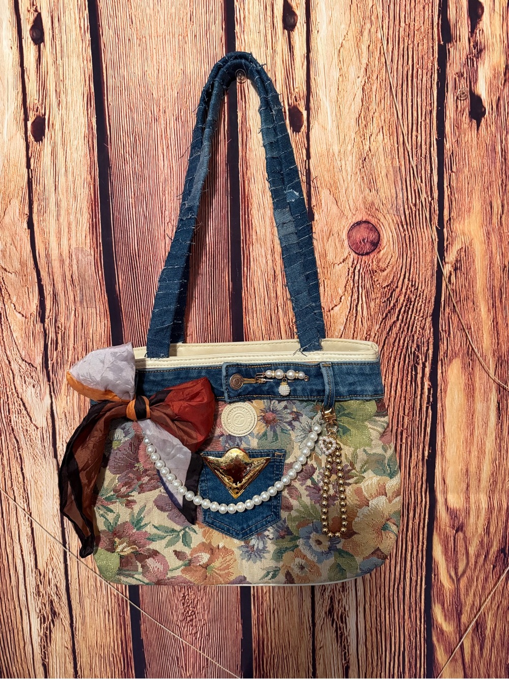 Floral Tapestry Shoulder Bag with Denim Trim and Pearl Accent - Multicolor